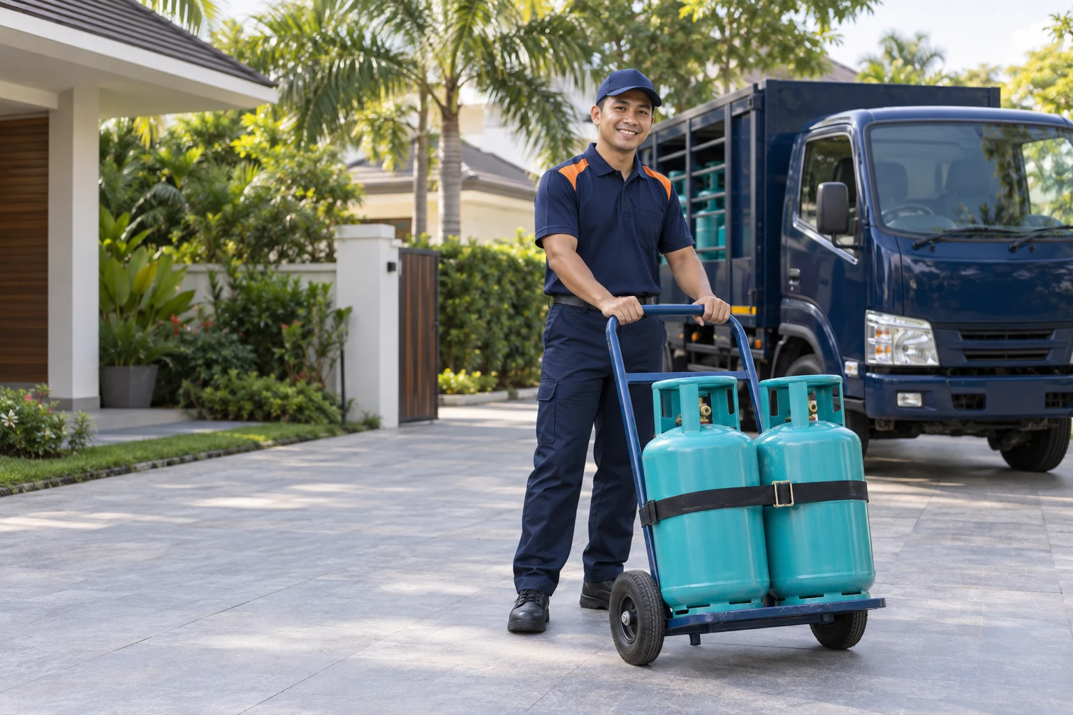 LPG delivery worker with upright gas cylinders